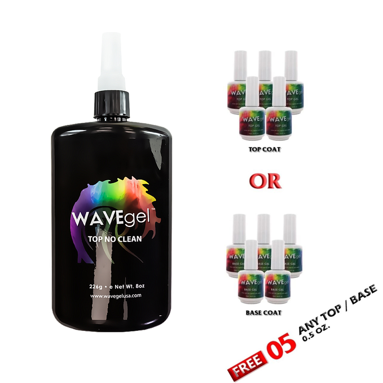Wave Gel Top No Clean Refill 8 oz – GET 5 FREE Base or Top 0.5oz – Daily  Nail Art Supply